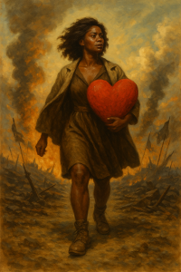 A powerful digital painting of a woman of color walking through a smoky battlefield at dawn, holding a large red heart to her chest. She strides forward with strength and resolve, surrounded by broken symbols of love and faint light breaking through the haze, symbolizing survival, freedom, and reclamation of self