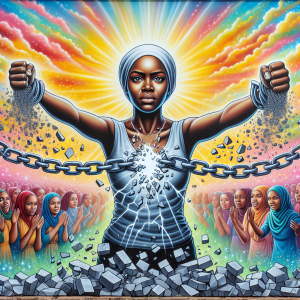 A powerful Black woman stands surrounded by faint silhouettes of other women behind her, breaking a chain across her chest as sunlight shines through—symbolizing generations of women freeing themselves from domestic abuse, coercive control, and psychological colonization.