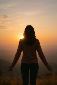 Woman standing at sunrise, grounded and confident, symbolizing empowerment and mindset shift during recovery.