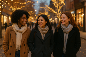 women walking together in a festive city street with soft holiday lights, symbolizing safety, community, and awareness